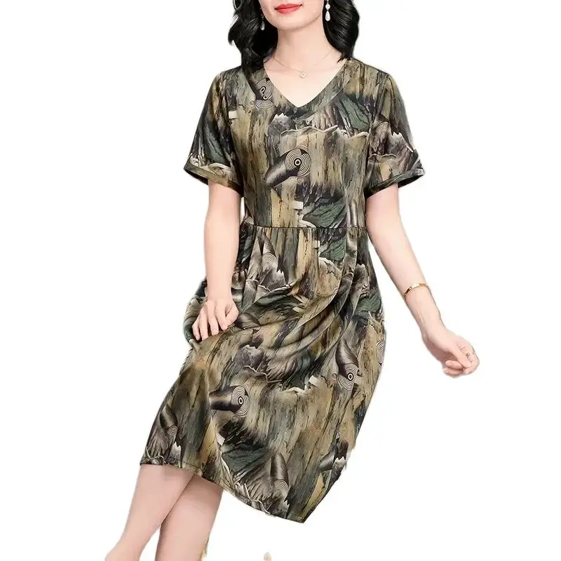 BirdTree, 91%Real Silk Elegant Dresses, Women Short Sleeve Printed, Versatile Retro Commute Large Dress, 2024 Summer D44416QC