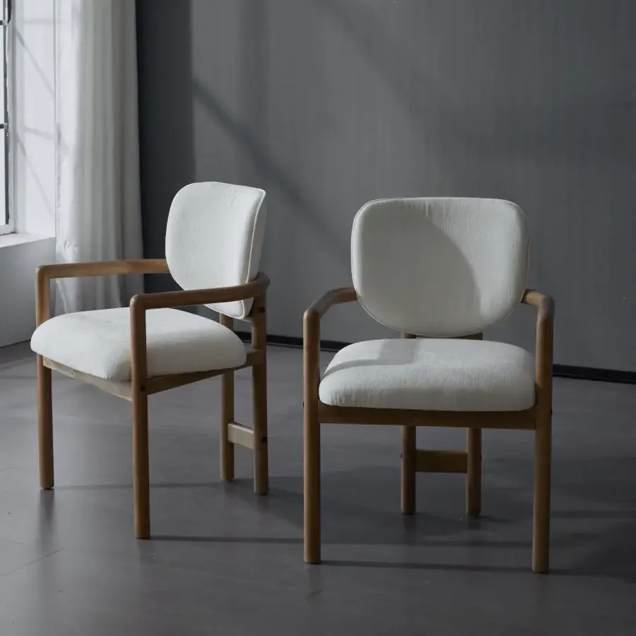 Dining Chairs Set of 2 Upholstered Arm Chairs, Rubber Wood Accent Chairs White Fabric Seating, 300 LBS Weight Capacity