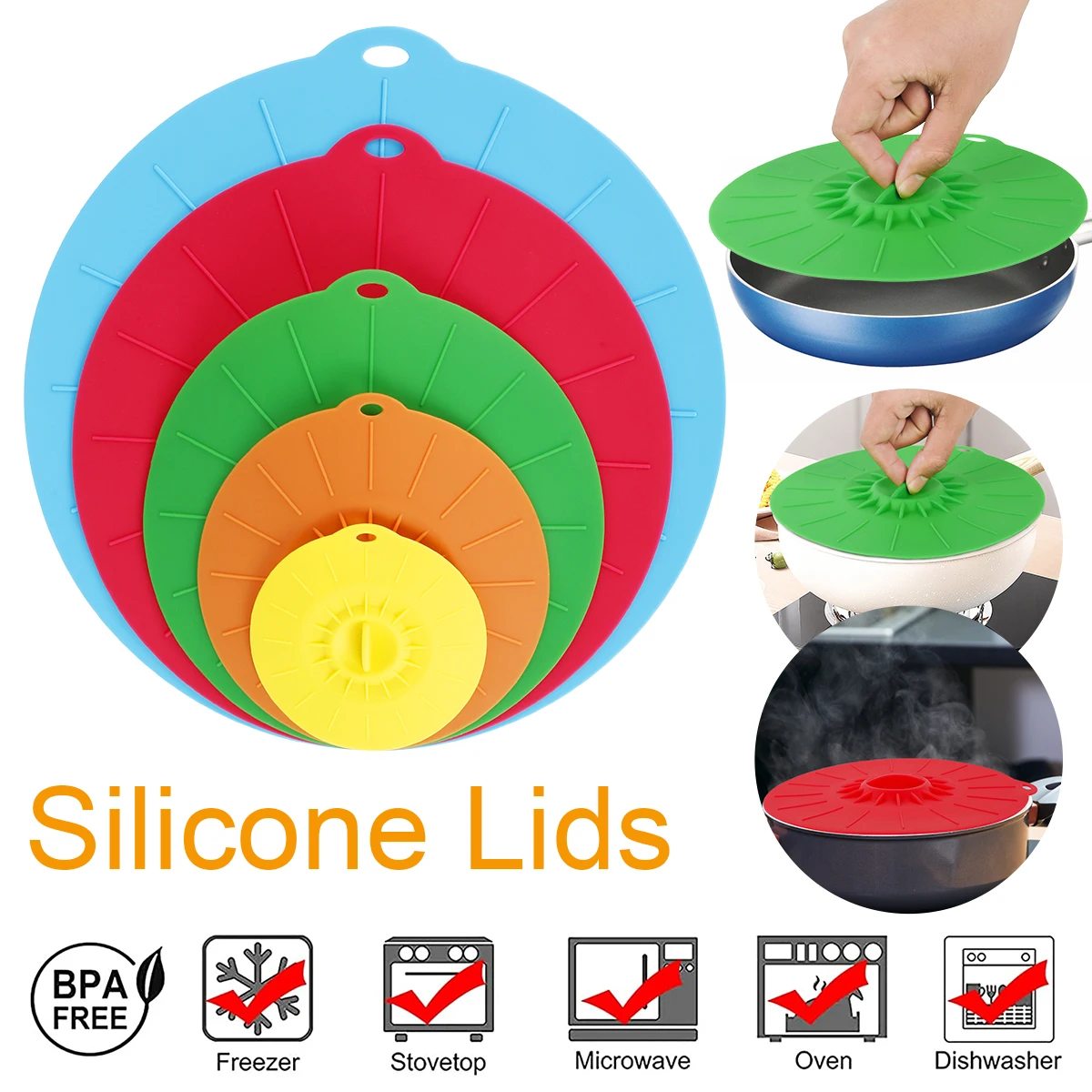 5Pcs Silicone Lids 4/6/8/10/12inch Heat Resistant Food Suction Lid Safe Microwave Splatter Cover Reusable Bowl Cup Pot Cover