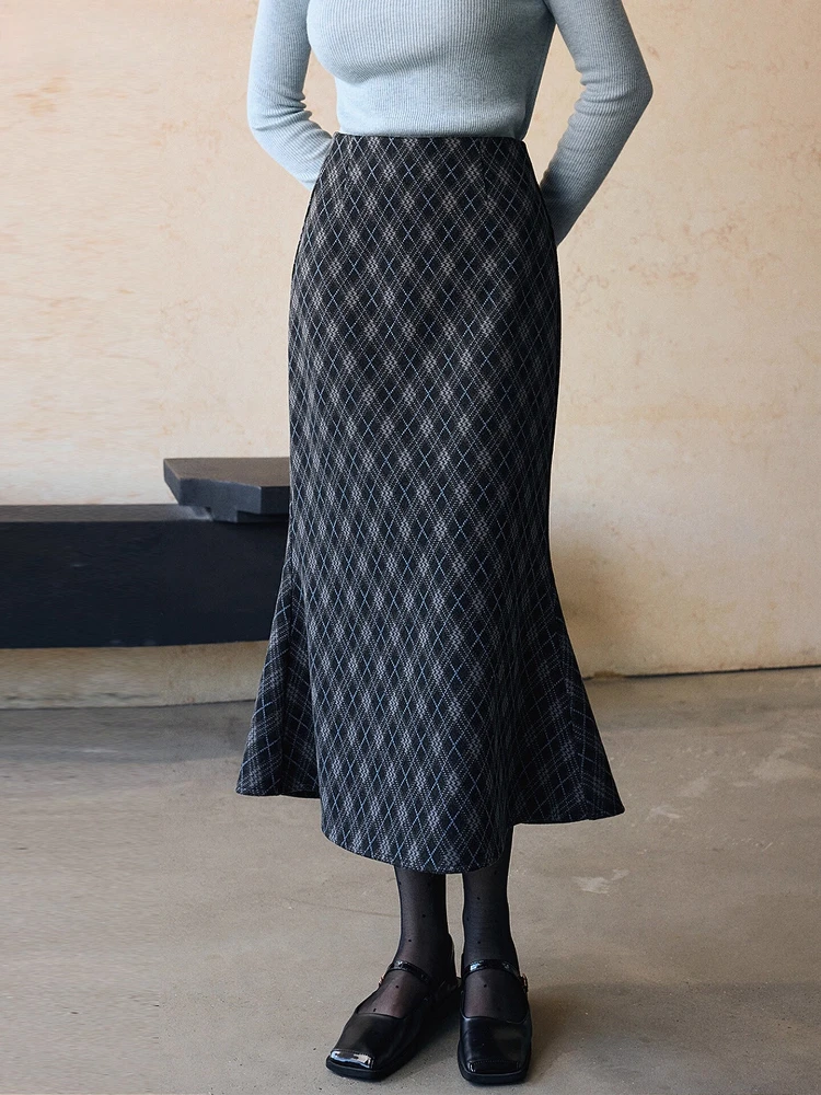 

OLrain Elegant Autumn Skirts for Woman 2025 New in Argyle Long Skirt Fashion Casual Fishtail Skirt Female Clothing O57DB001935