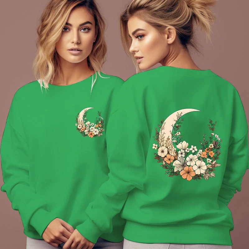 Flower and Moon Vintage Sweatshirts Women Wildflower Plant Style Tracksuit Long Sleeve Streetwear Female O-Neck Floral Hoodies