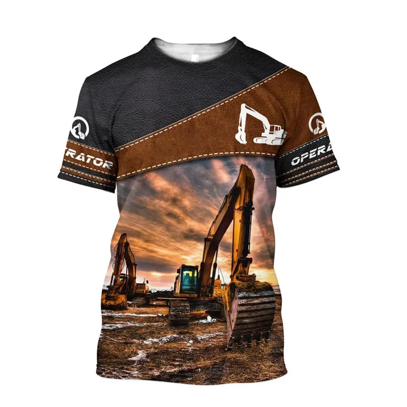 Excavating Machinery Graphic Men\'s Fashion T-shirts Short Sleeve Operator  Work Clothing T Shirt 3D Printed Streetwear Man Tops