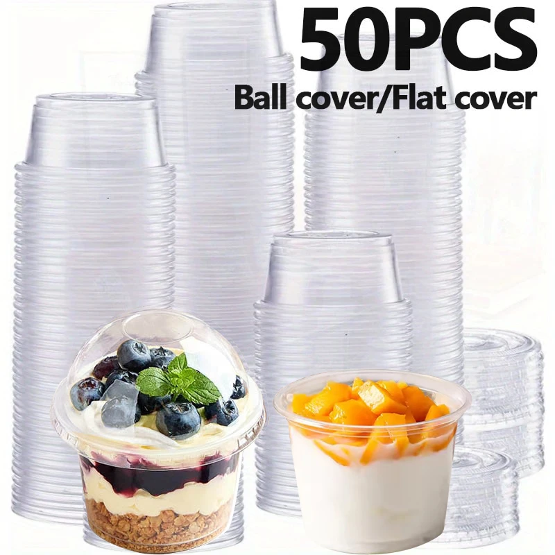 50 Uds. Tazas de postre, cuencos, contenedor con cúpula/tapas planas, vasos de plástico desechables, bebidas helados, aperitivos, postres, fiestas de cumpleaños