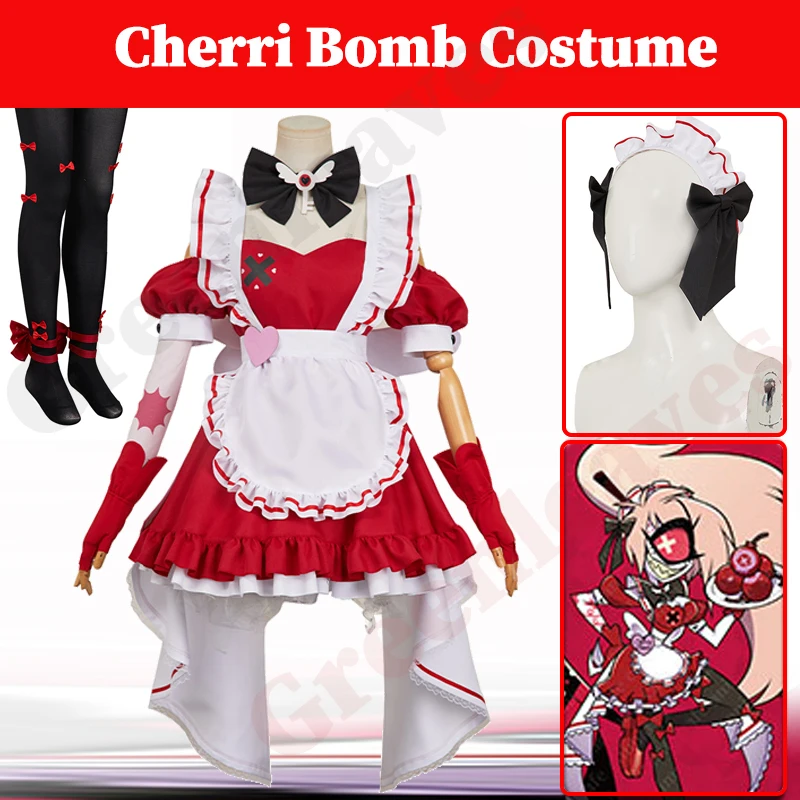 TV Hotel 2 Hell Inn Cherri Bommb Cosplay Women Red Maid Dress Clothing Costume Female Disguise Bowtie Sock Gloves Halloween Suit