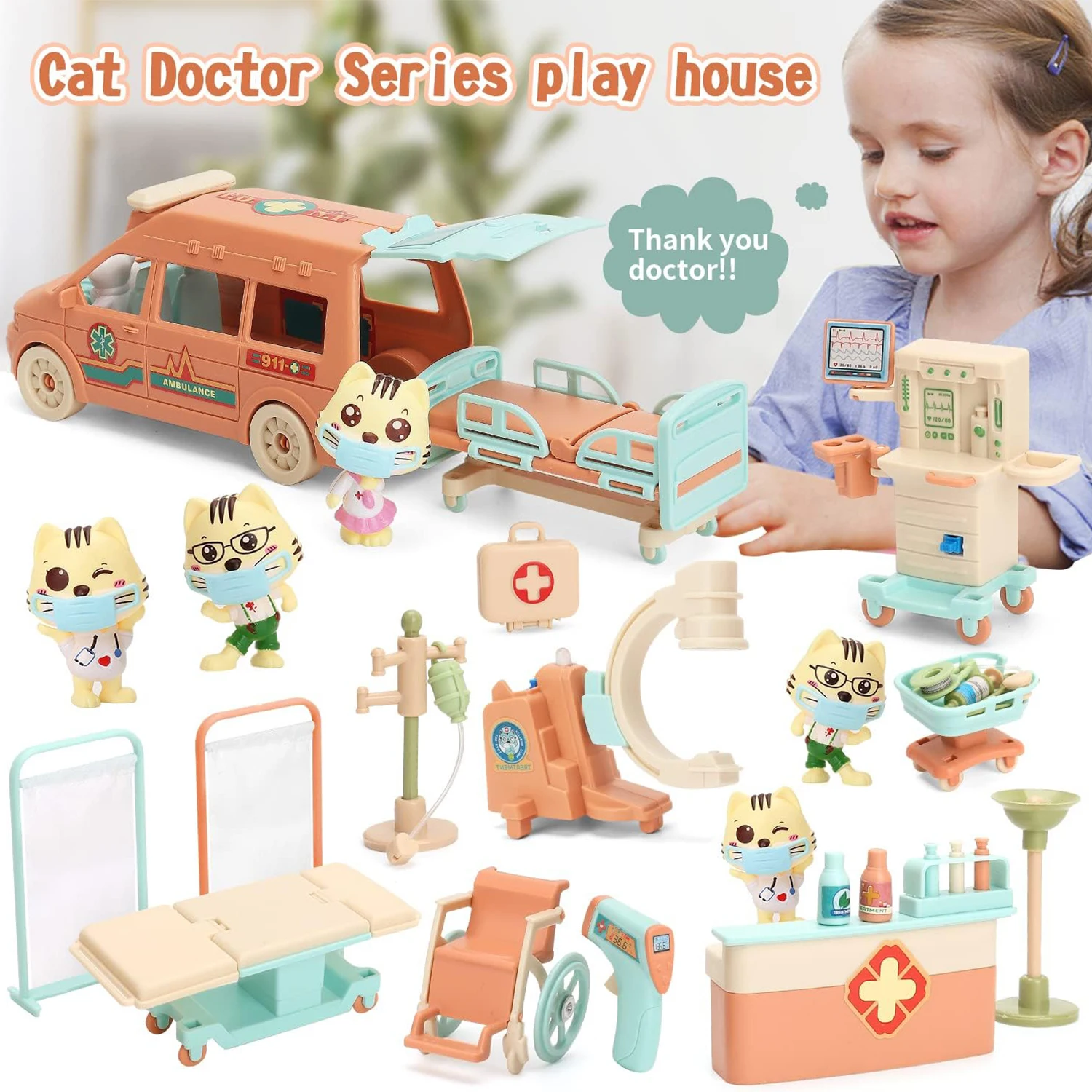 Cat Dolls Doctor Pet Pretend Play Toys, Figures Playset Toy, Hospital and Ambulance Toy with Lights and Sound, Educational Toys