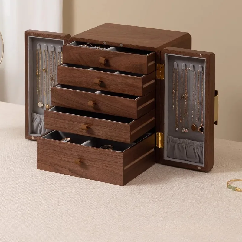 

Многоуровневый органайзер для украшений большой вместимости для женщин, для домашнего хранения, шкатулка для украшений из массива дерева с замком, подарок на день рождения, свадьбу, годовщину