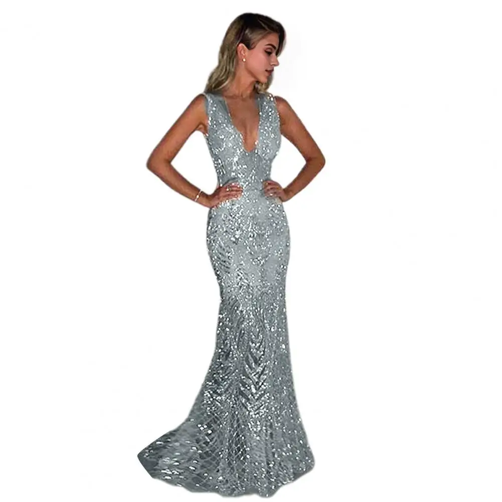 V-neck Long Dress Elegant Sequin Fishtail Evening Gown with V Neck Backless Design for Prom Party Events Sequined Evening Gown