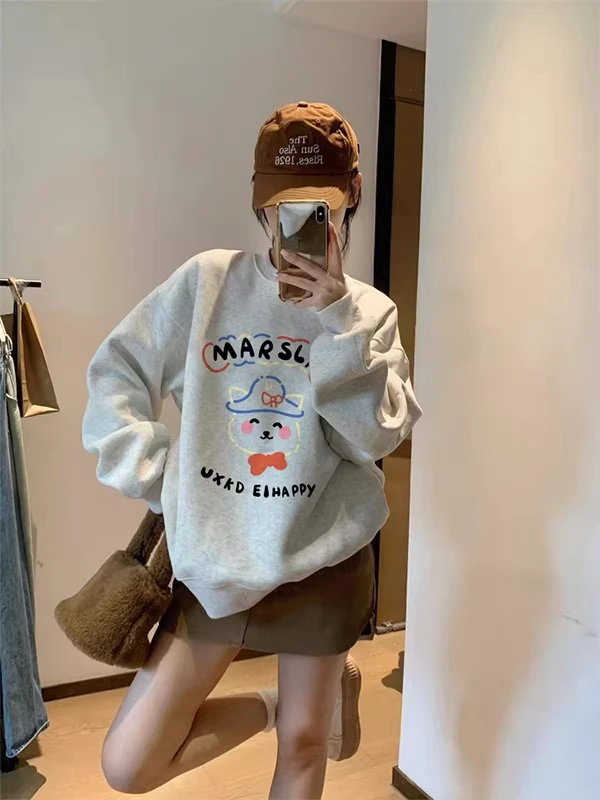 

Женская толстовка больших размеров (до 300 фунтов) в американском ретро-стиле с мультяшным принтом, круглым вырезом, на флисовой подкладке, осенне-зимняя, свободного кроя, универсальная