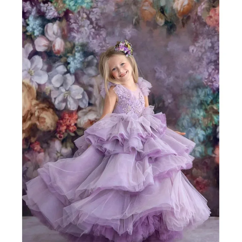 Girls Ruffled Sleeve Embroidered Tulle Ball Gown Elegant Design For Formal Events Weddings Flower Girl Evening Birthday Piano Pe