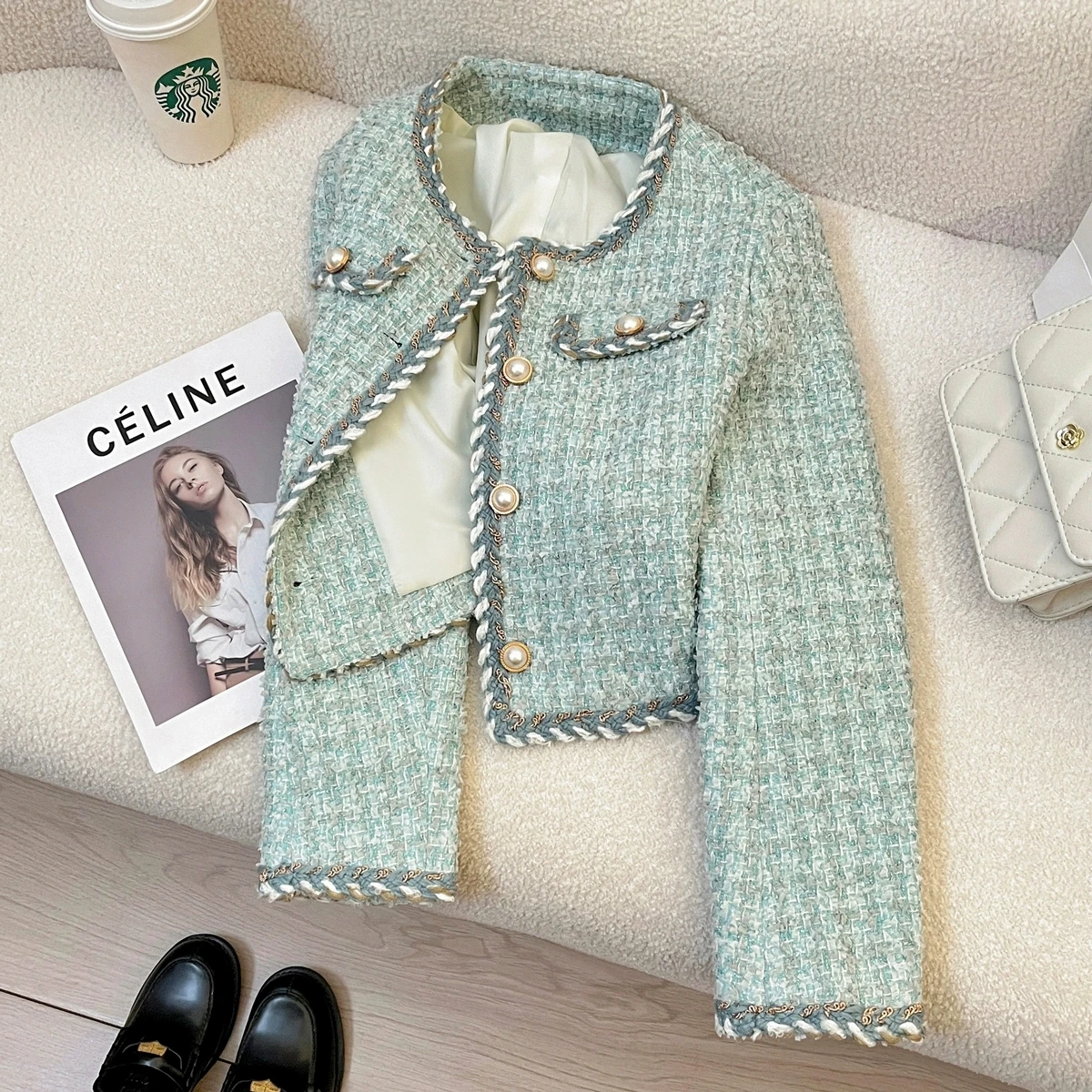 

Korean Small Fragrance Tweed Trimmed Blue Short Coat Women Simple O-neck Slim Premium Lady-like Tops Autumn Office Outfits