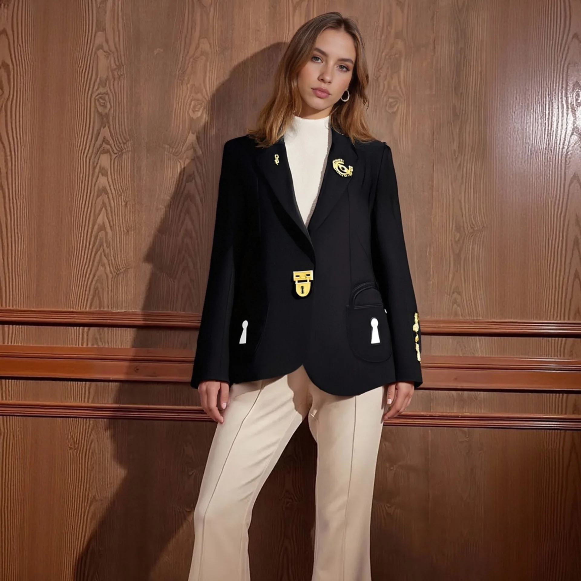 

Женский костюм, пальто, осеннее модное однотонное универсальное стильное деловое повседневное пальто для женщин, украшение с карманами