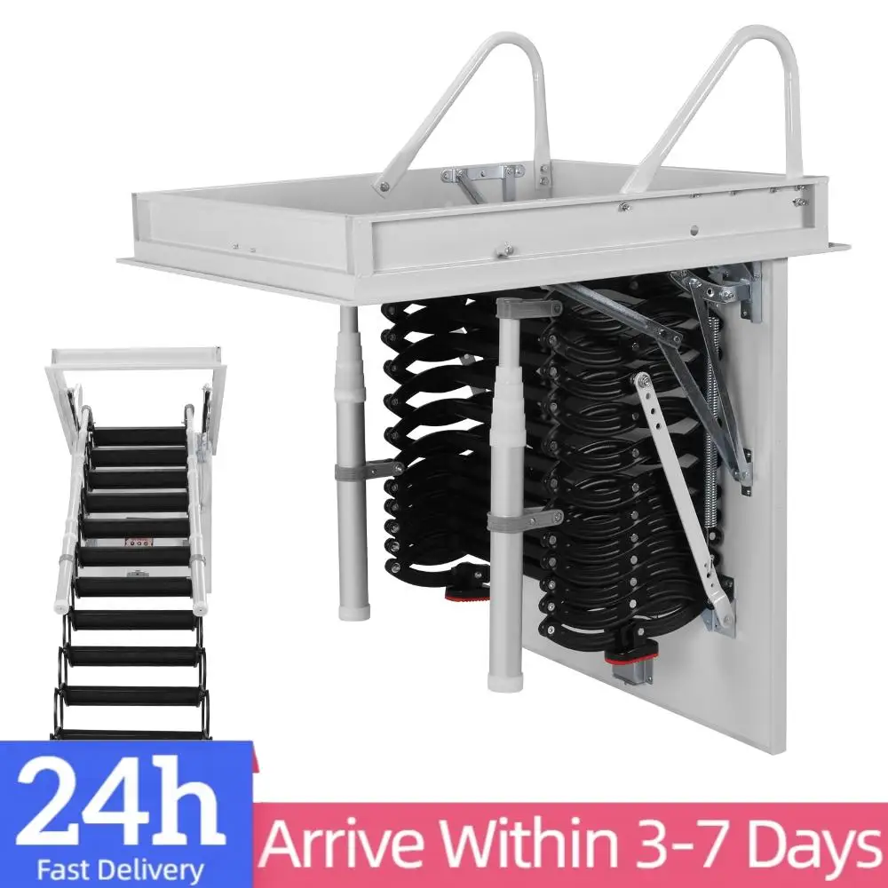 

12 Steps Retractable Ceil Stairs with Handrails Indoor Concealed Steps 660LBS Capacity Height Adjustable For Home Duplex Villas