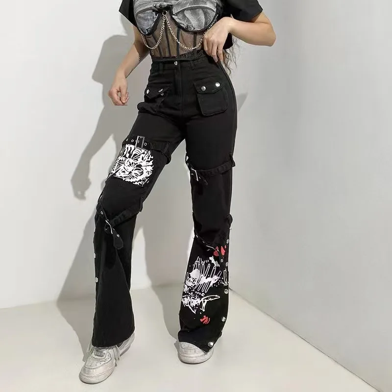 Straight Jeans Graffiti Print Dark Punk Knee Belt Buckle Metal Zipper Front Pocket Denim Pants Cargo Trousers Street Motorcycle