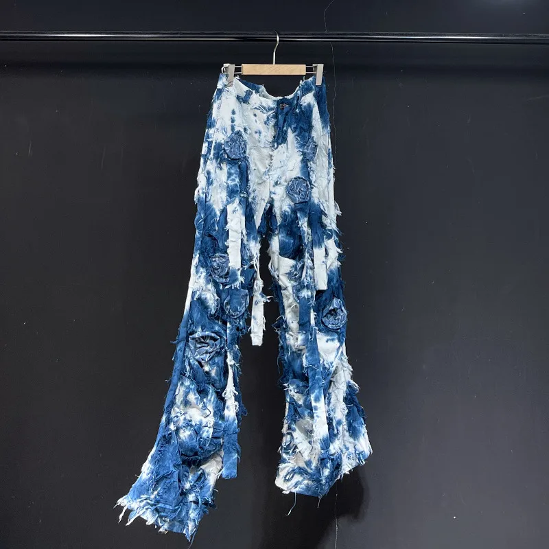 MWJLPWQ Tie-Dye Design Blue Trousers Male High Street Flower Lace Up Autumn Loose Casual Unisex Flared Pants 2025 New 11651
