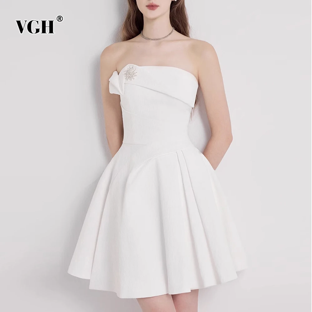 

VGH Cute Slimming Solid Spliced Folds Mini Dresses For Women Strapless Sleeveless Backless High Waist Chic Dress Female Fashion