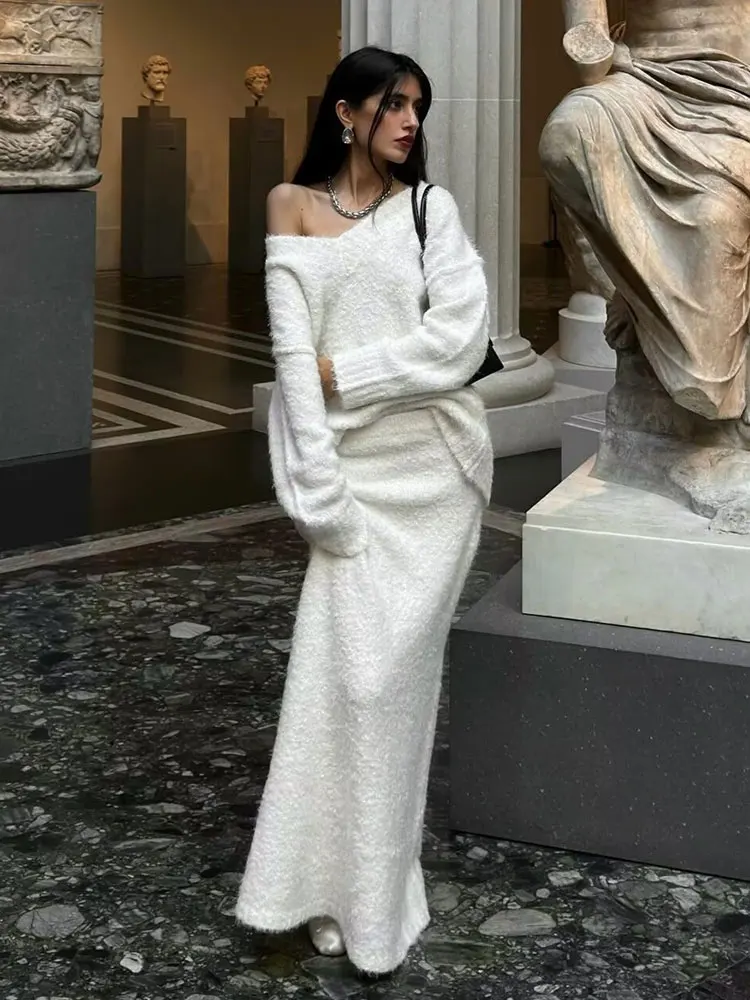 

HH Элегантный однотонный вязаный костюм с длинными рукавами и v-образным вырезом, пуловер, топ + юбка-миди с эластичной резинкой на талии, модный женский модный комплект