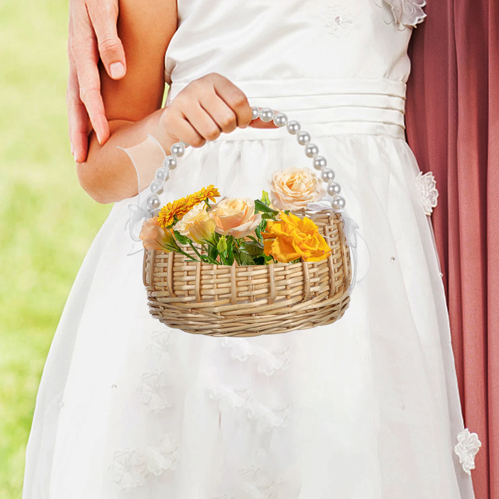 Cesta elegante para boda para niña, cestas de sauce de mimbre tejidas a mano, cestas de sauce con mango de perla, almacenamiento de cinta, regalos para el hogar