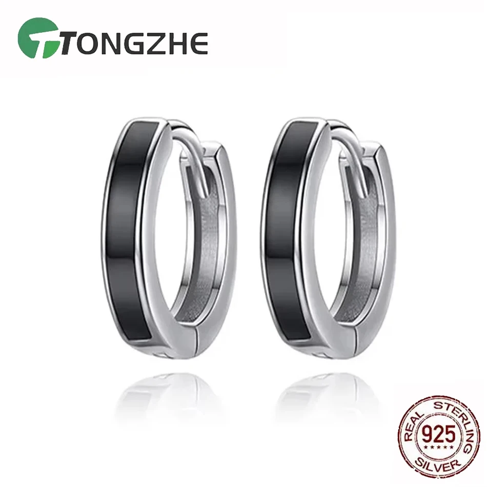 

TONGZHE 925 Sterling Silver Hip Hop Small Hoop Earrings CZ Black Black Round Circle Huggie Earrings For Women Men Jewelry