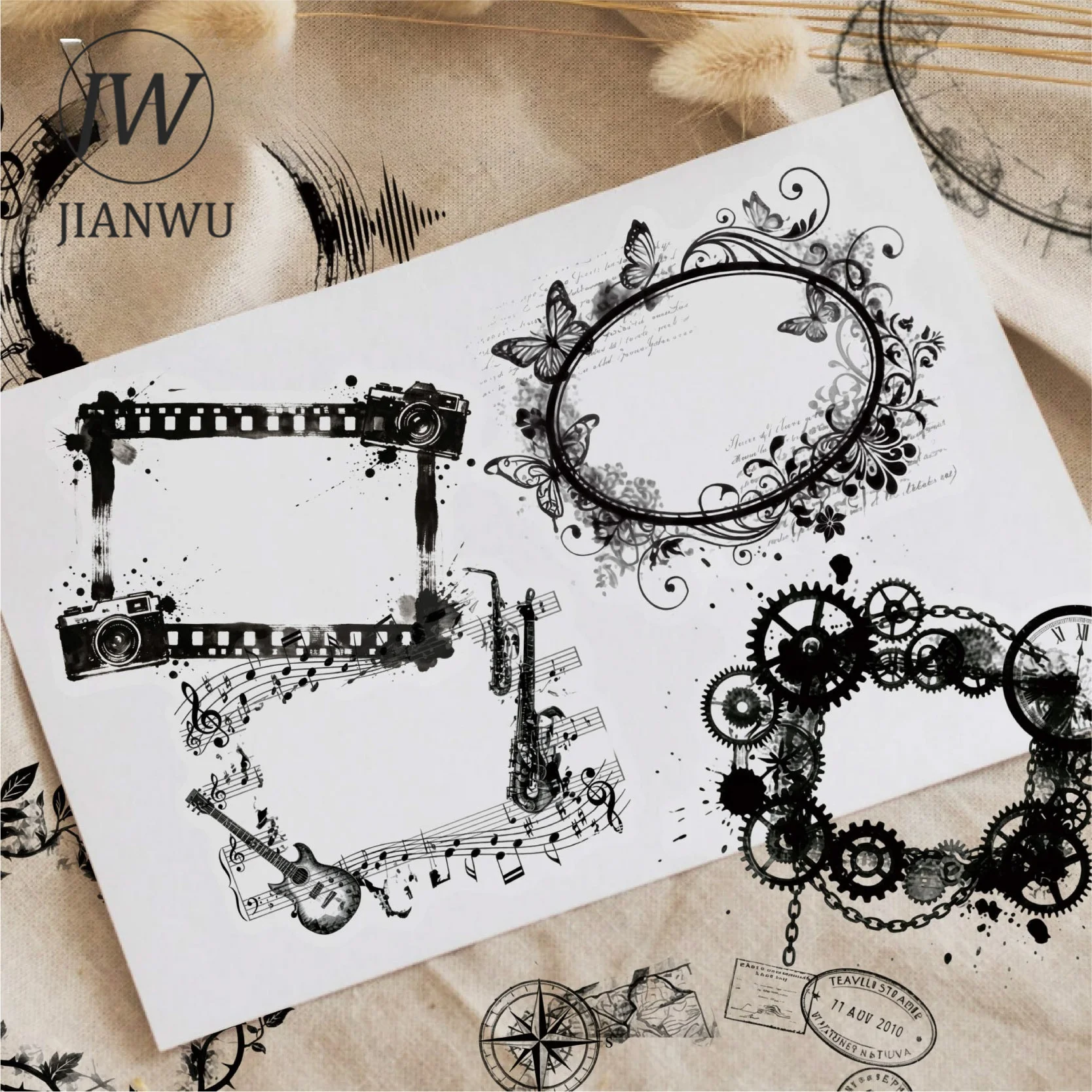 JIANWU Vintage Dark Film Flower Gear Music Border Landscape Material Collage Scrapbooking PET Sticker Journal Stationery