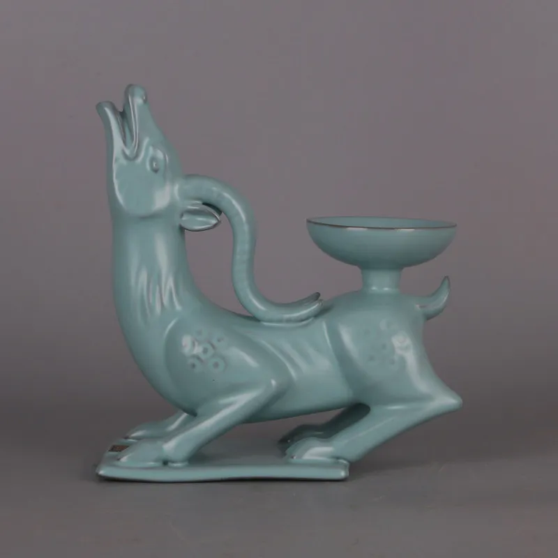 Vintage Style Chinese Ru Ware Sky Blue Glaze Deer Pattern Mythical Beast Oil Lamp Handmade Ceramic Home Decor