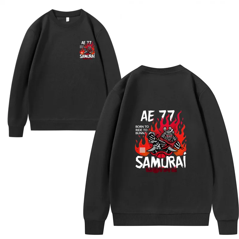 سويت شيرت رجالي Ae 77 Samurai مع لهب ودراجة نارية طباعة ممتعة قماش قابل للتنفس