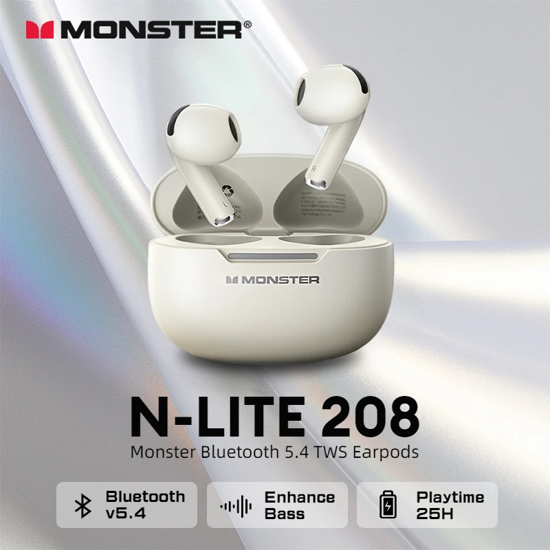 

Monster N-Lite 208 Ture Wireless Earbuds In-Ear Sports Bluetooth 5.4 Earphones IPX5 Waterproof Deep Bass TWS Headphone with Mic