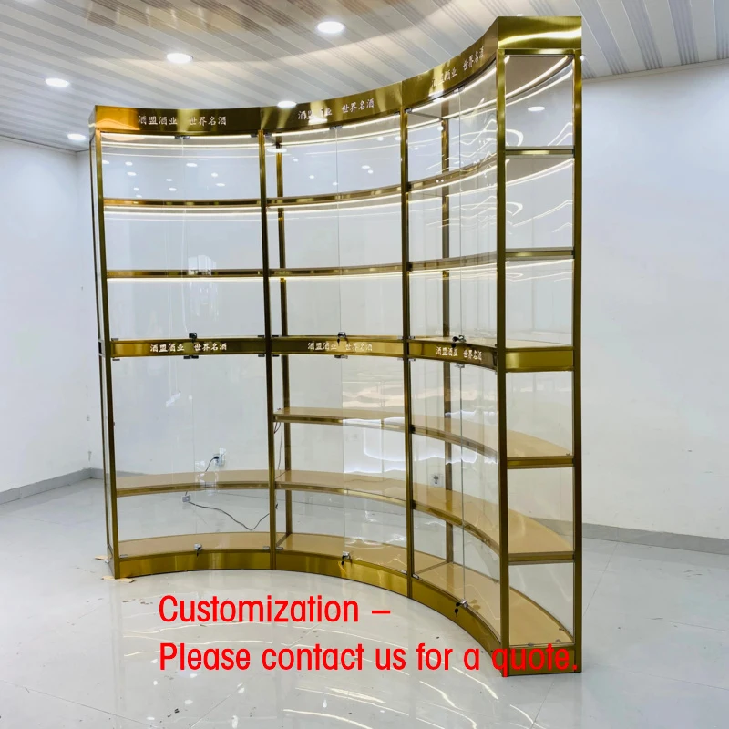 custom.Branded Jewelry Display Counter Circular Glass Cabinet Luxury Gold Frame LED Lit High-End Showcase Shopping