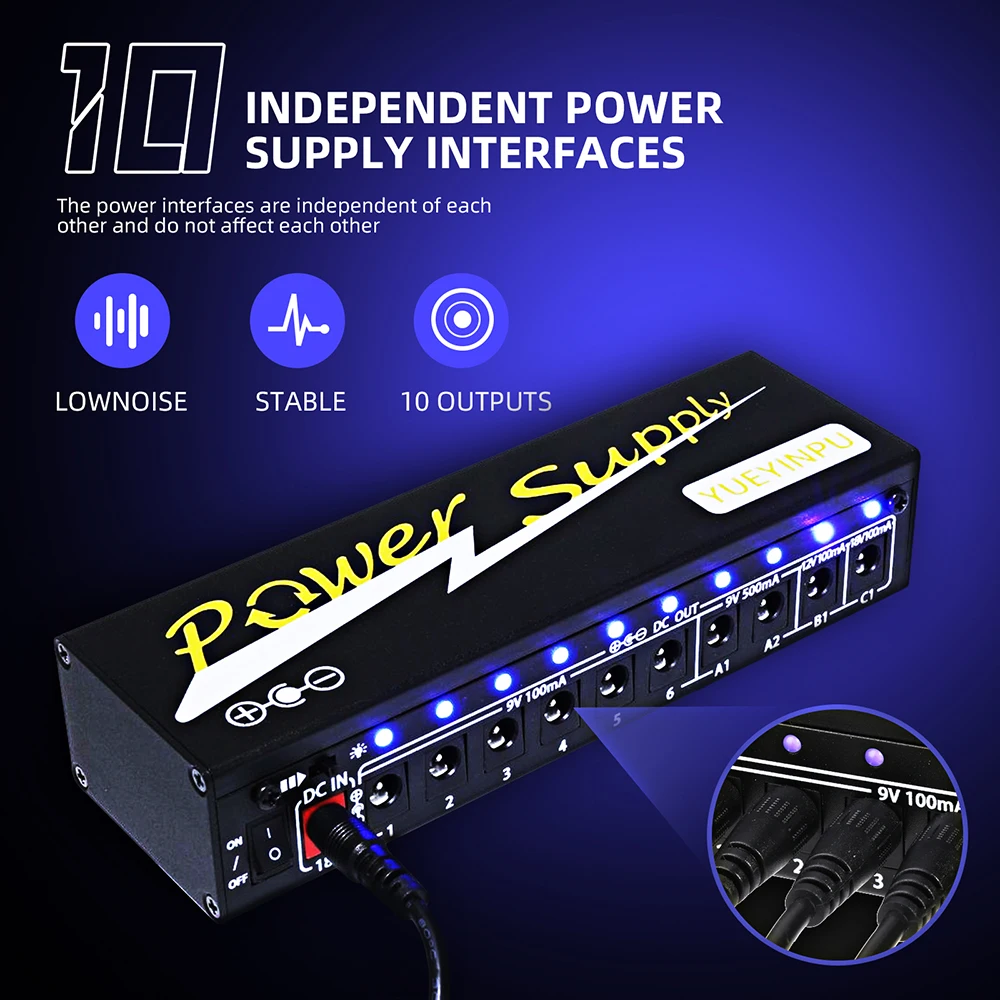 Yueyinpu Power Supply for Guitar Effect Pedals 10 Isolated DC Output 9V12V18V for Effect Pedal Separate Short-Circuit Protection