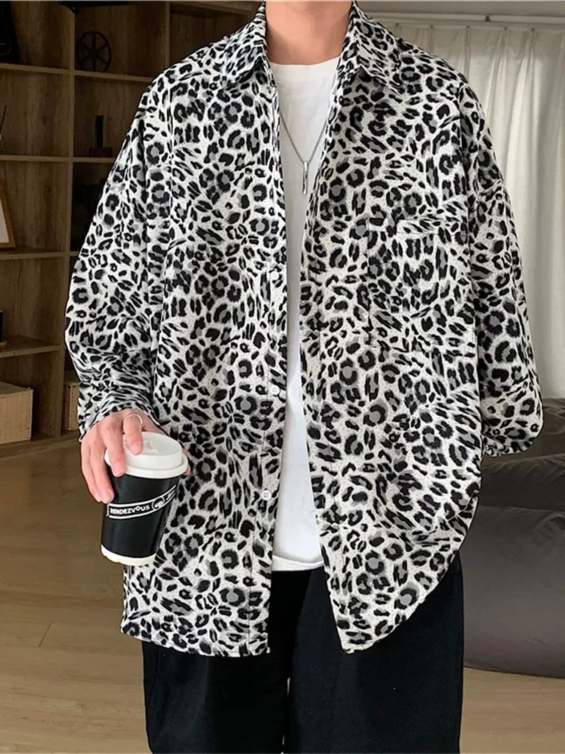 American Retro Loose Large Size Men's Shirt Leopard Print Casual Spring Autumn Breathable Comfortable No Ironing Required