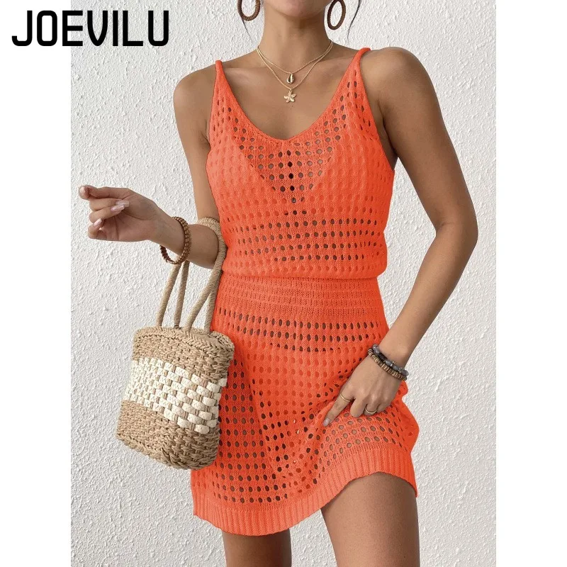 JOEVILU Camicetta da donna sexy in maglia senza maniche Abito europeo e americano con scollo all'americana Vita snellente Gonna con scollo all'americana Abiti da spiaggia ritagliati