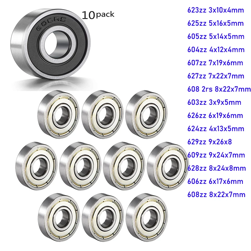 

10pcs Bearing 603 604 605 606 607 608 609 623 624 625 626 627 628zz 2Z 2RS Metal Seal High Quality Deep Groove Ball Bearings