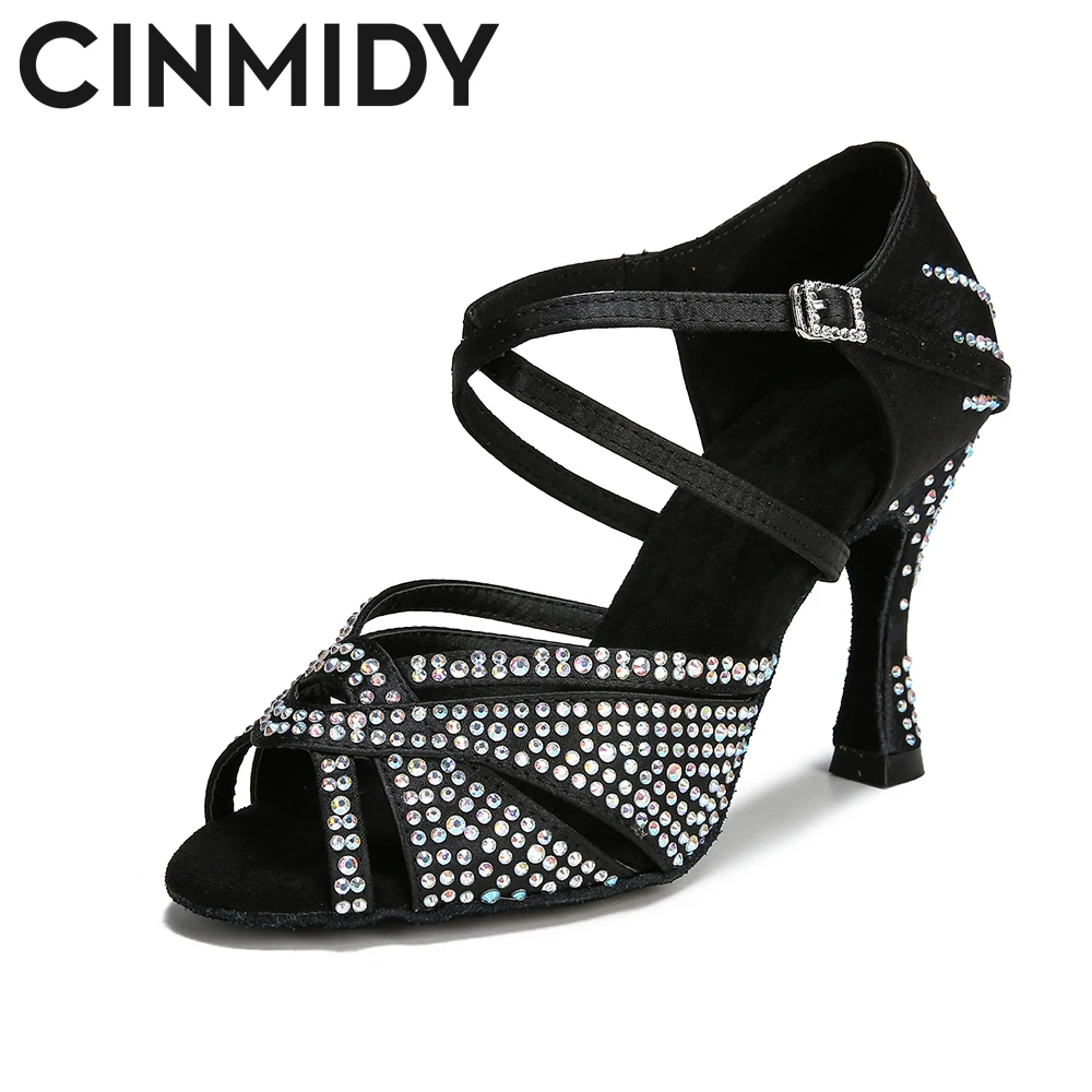 CINMIDY zapatos de baile latino con diamantes de imitación, tacones de baile de salón, Tango, Chacha, Salsa, zapatos de fiesta, zapatos de boda de suela suave