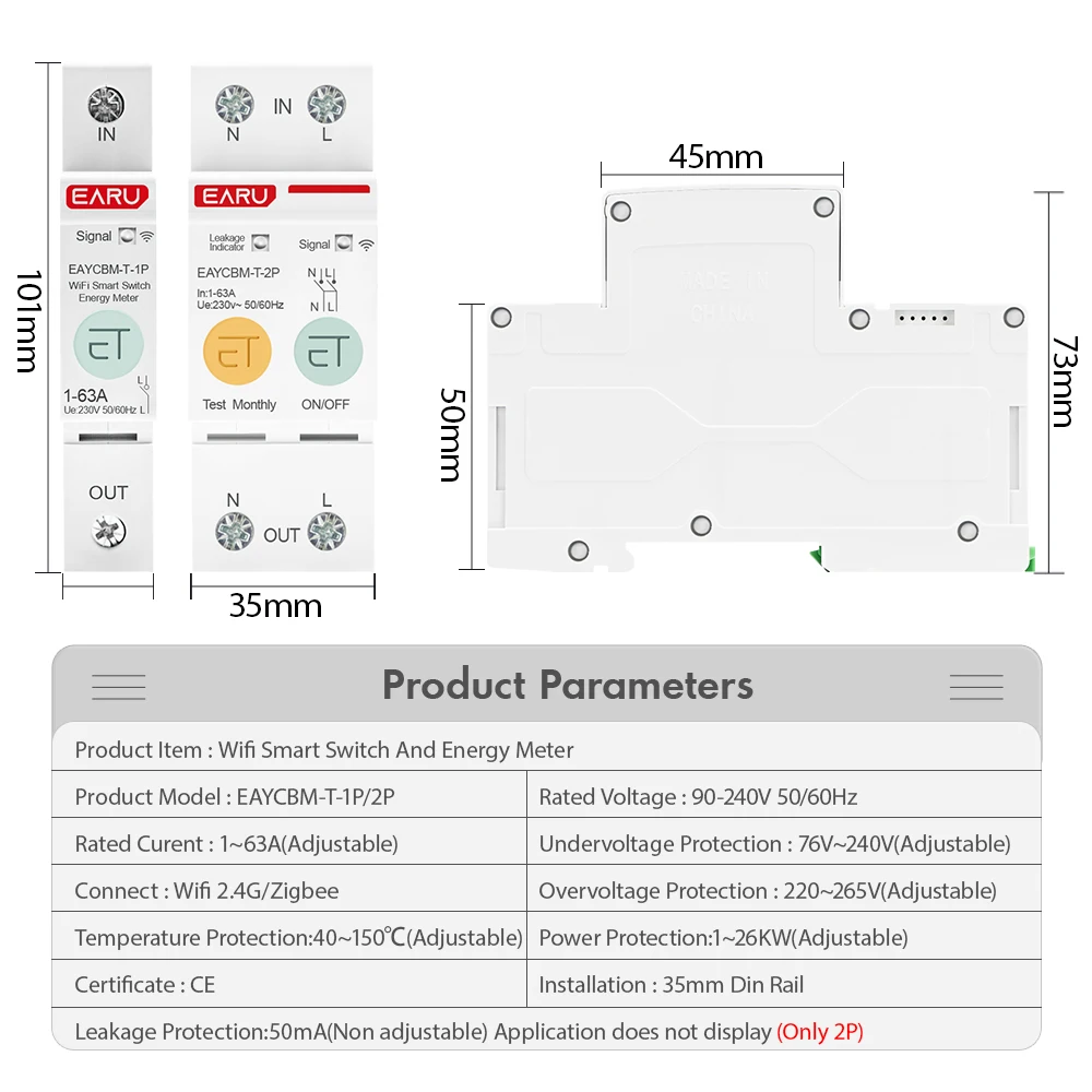 1P 2P TUYA APP Zigbee/WIFI Smart Energy Power Consumption kWh Meter Circuit Breaker Time Relay Switch Leakage Voltage Protection