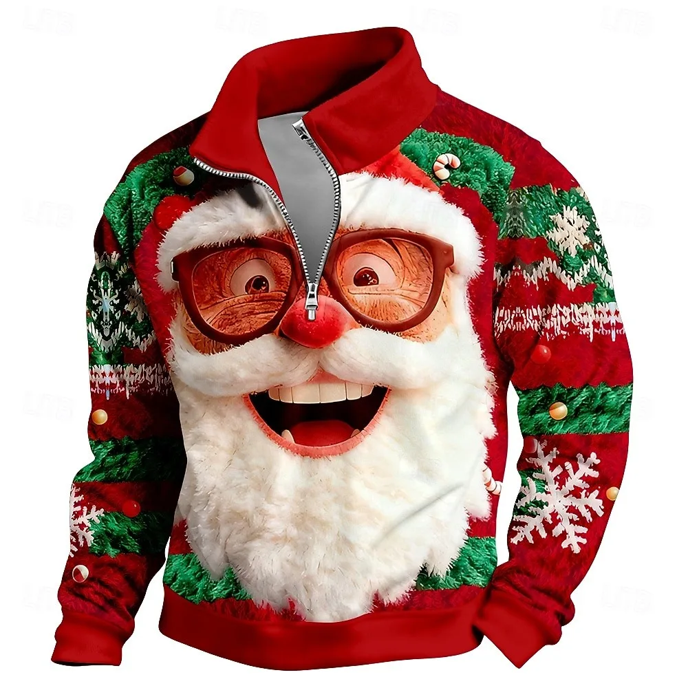 

Christmas Men's Santa Claus Sweatshirt Cool Daily Stylish Long Sleeve Stand Collar Outdoor party Zipper Fall Winter Men clothing