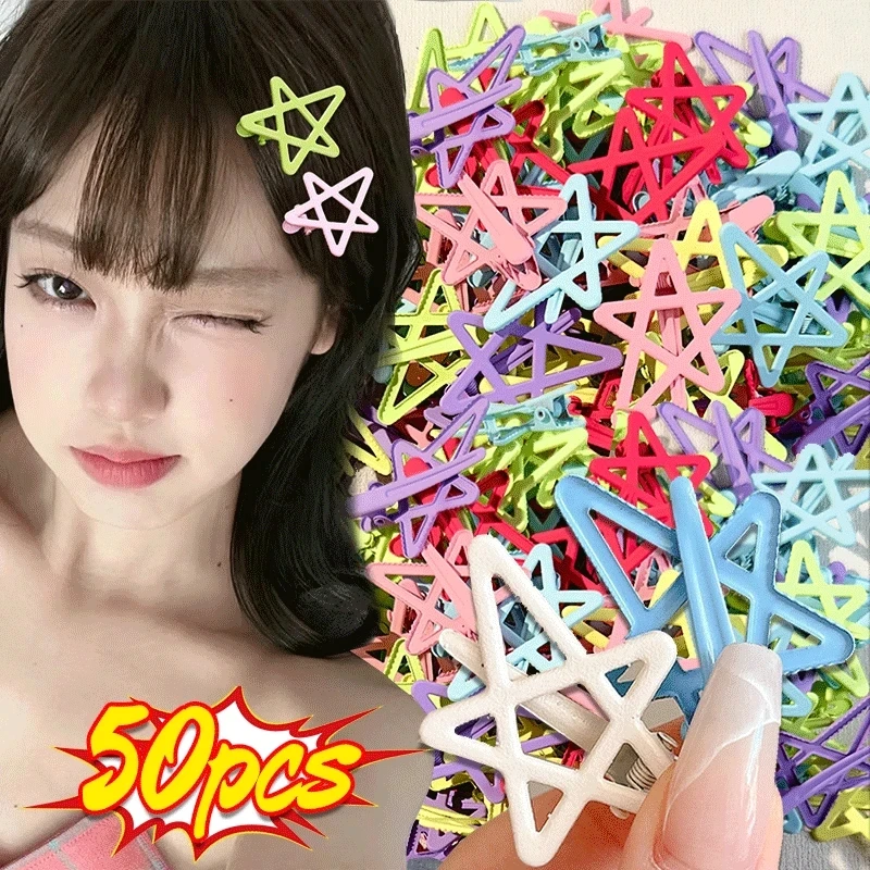 50Pcs Y2K Colorful Star Hair Clips for Girls Filigree Star Metal Snap Clip Hairpins Barrettes Hair Jewelry Nickle Free Bobby Pin