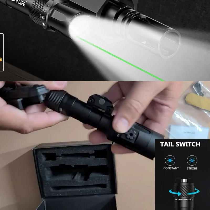 

1900 Lumens Tactical Laser Light Combo Rechargeable Rifle M-Lok Flashlight Green Laser Remote Pressure Switch Strobe Mode