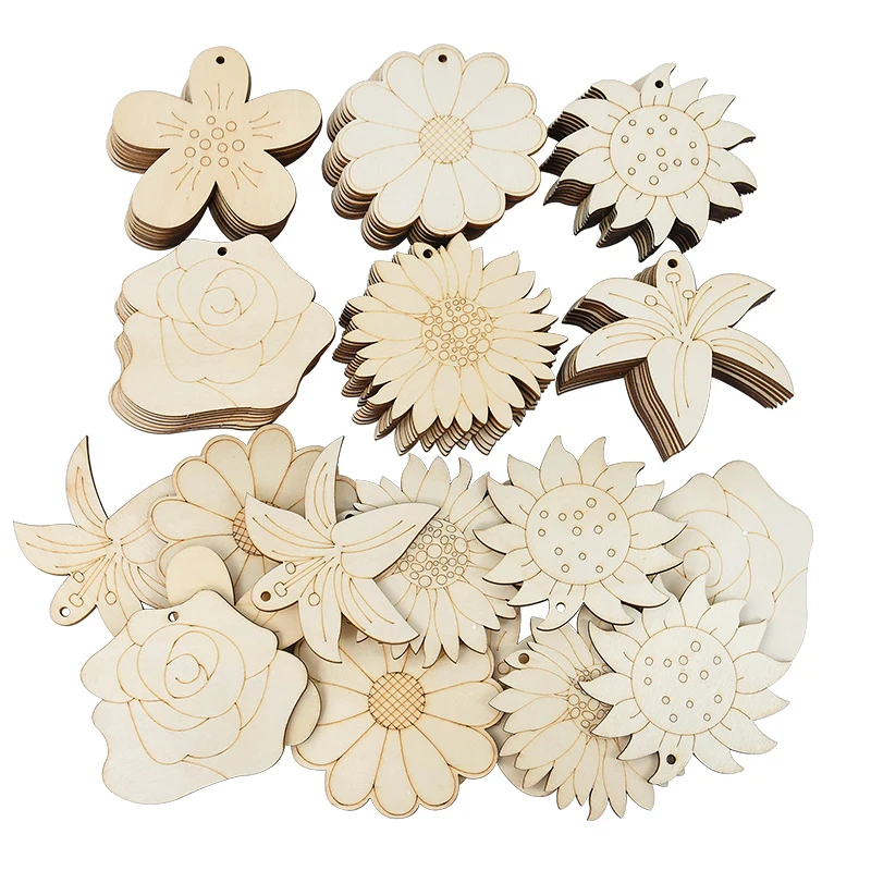 Fleur en copeaux de bois naturel inachevé, accessoires de bricolage, ornements artisanaux, décoration de mariage de Pâques, blanc, 10 pièces