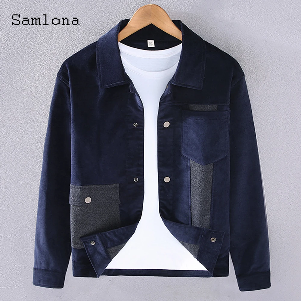 

Samlona Plus Size Men Casual Patchwork Jackets 2024 Harajuku Fashion Corduroy Jacket Minimalist Stand Pockets Blazers Outerwear