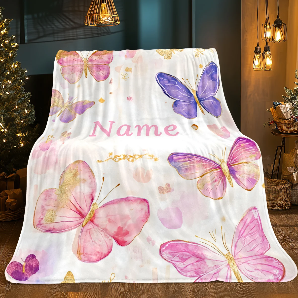 Custom name colourful butterfly flannel blanket, suitable for sofa, bed, Halloween, birthday, for children, girls, friends, gift