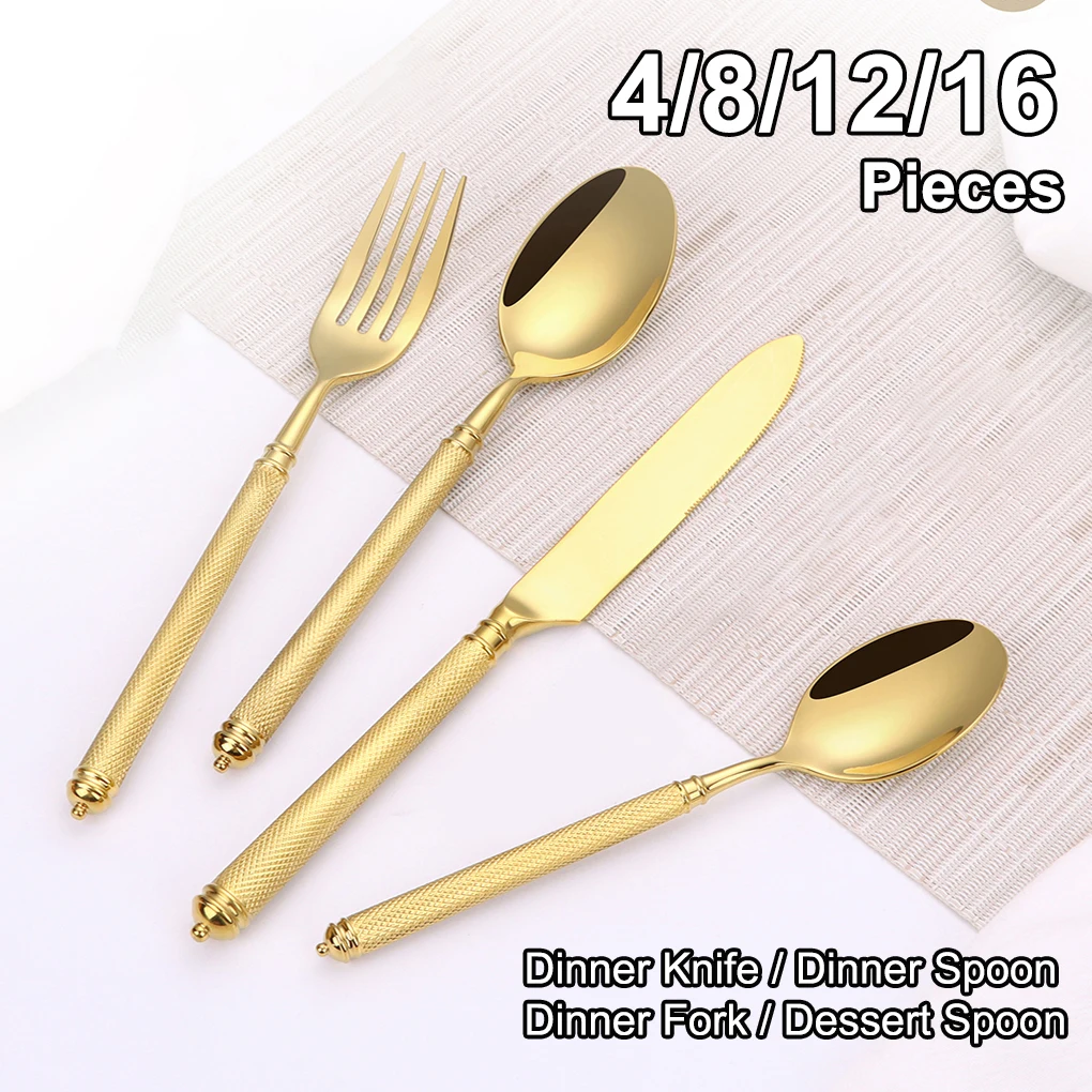 4/8/12/16Pcs Gold Heavy Tableware Stainless Steel 304 Cutlery Sliver Dinner Set Mirror Western Knife Fork Spoon Kitchen Utensils