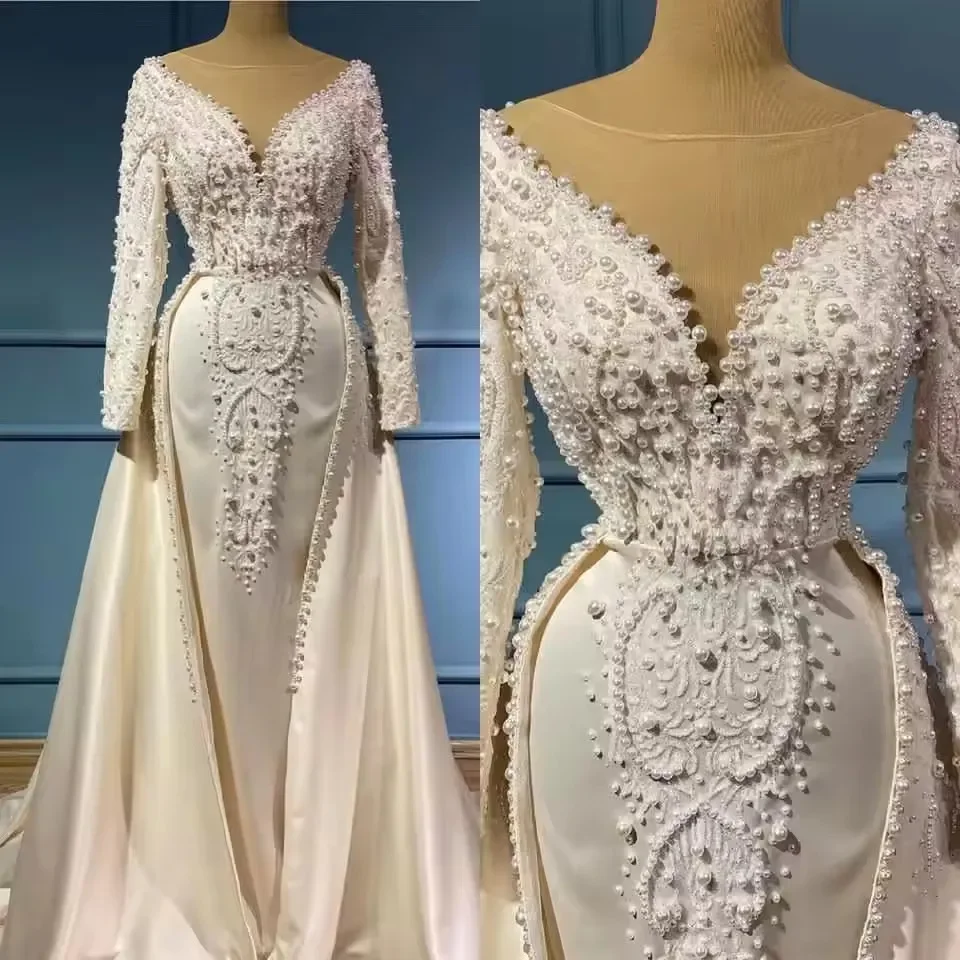 Customized Sheer Neck Sparkly Pearls Beads  Wedding Dress with Removable Skirt  Vestido De Casamento Long Sleeves  Bridal Gown
