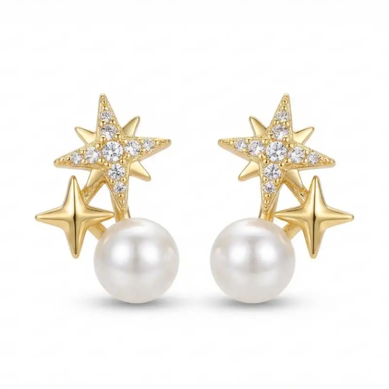 

MURMUR Elegant Starburst Pearl Stud Earrings Pave Crystal Gold Tone Celestial Fine Jewelry