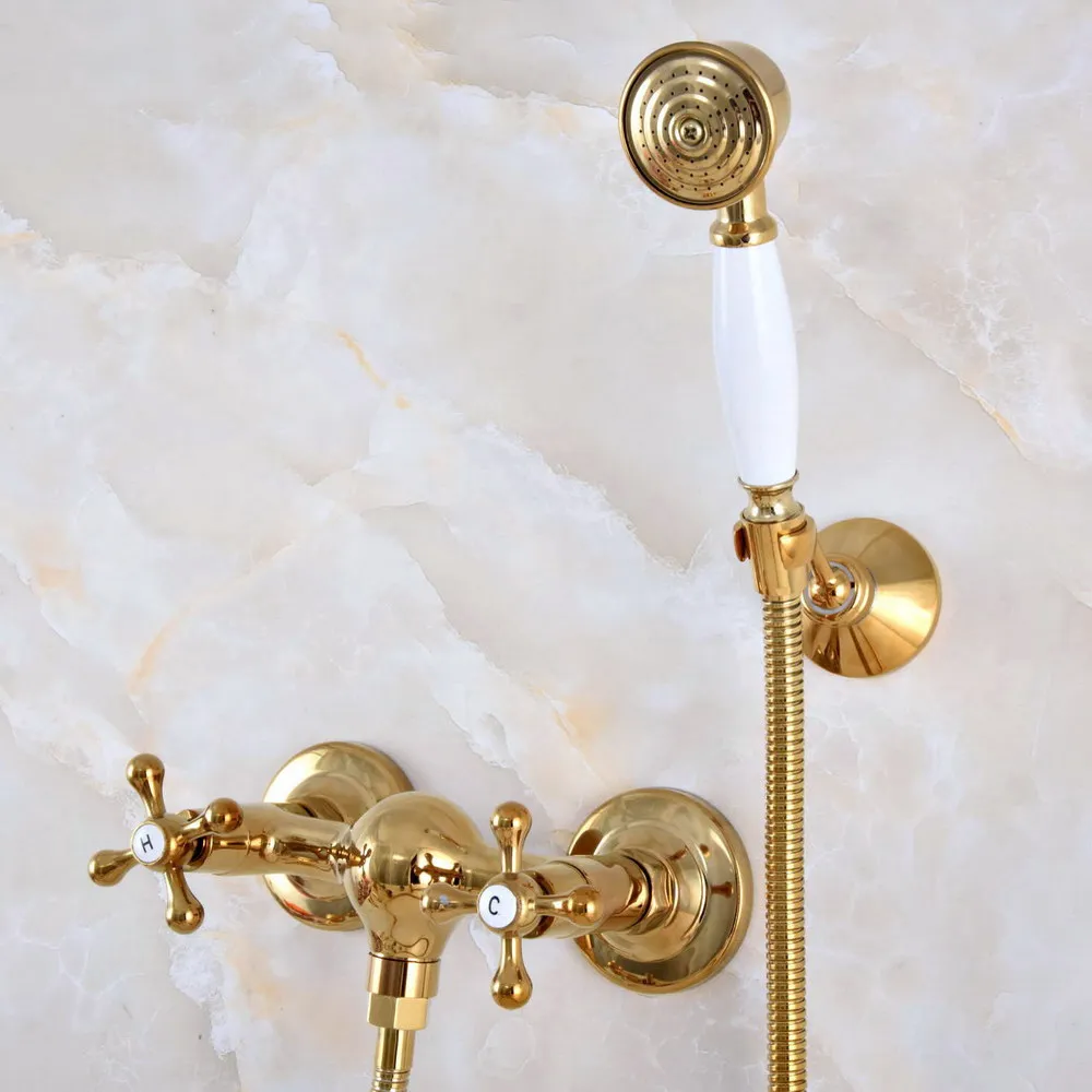 

Polished Luxury Golden Brass Wall Mounted Bathroom Shower Faucet Set with 1.5M Hose Handheld Spray Head Mixer Tap Dna975