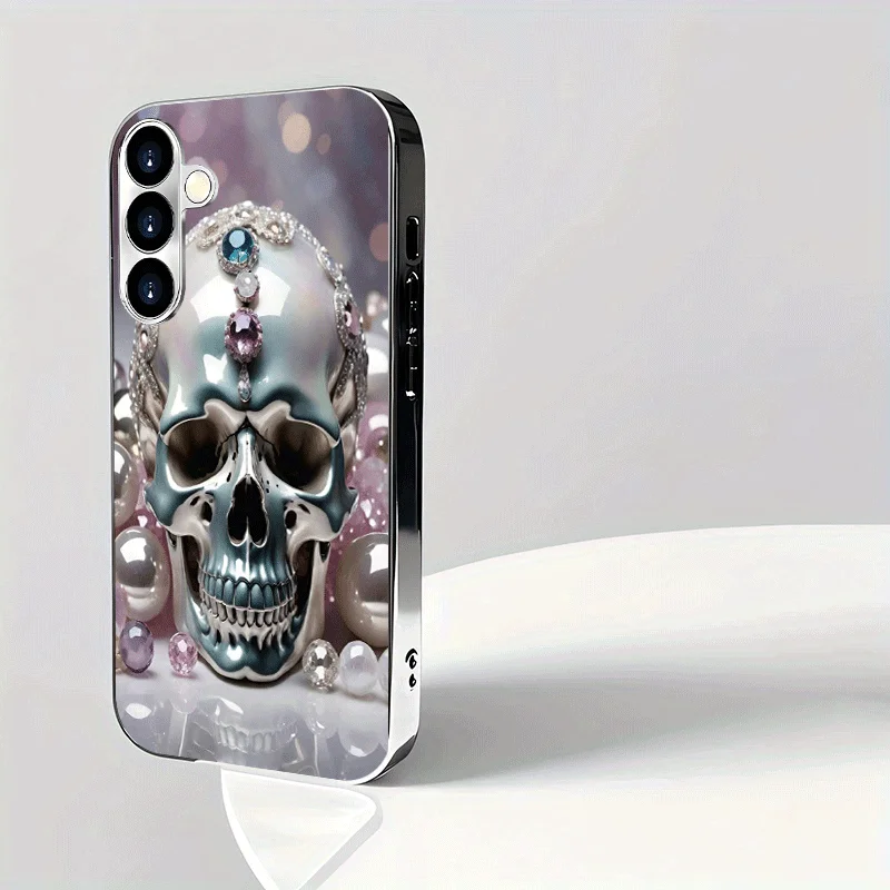 Gemstone skull pattern glass phone case suitable for Samsung Galaxy S26 S25 S24 S23 S22 S21 S20 FE/Ultra/Plus anti drop