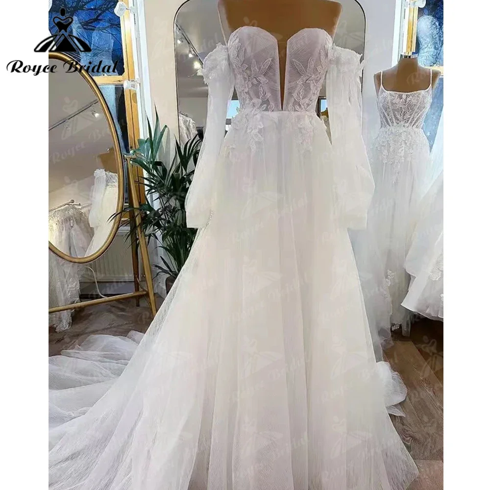 Bohemian Detachable Sleeve Pleat A-Line Wedding Dresses Floral Appliques Lace Bridal Gowns Robe de mariee