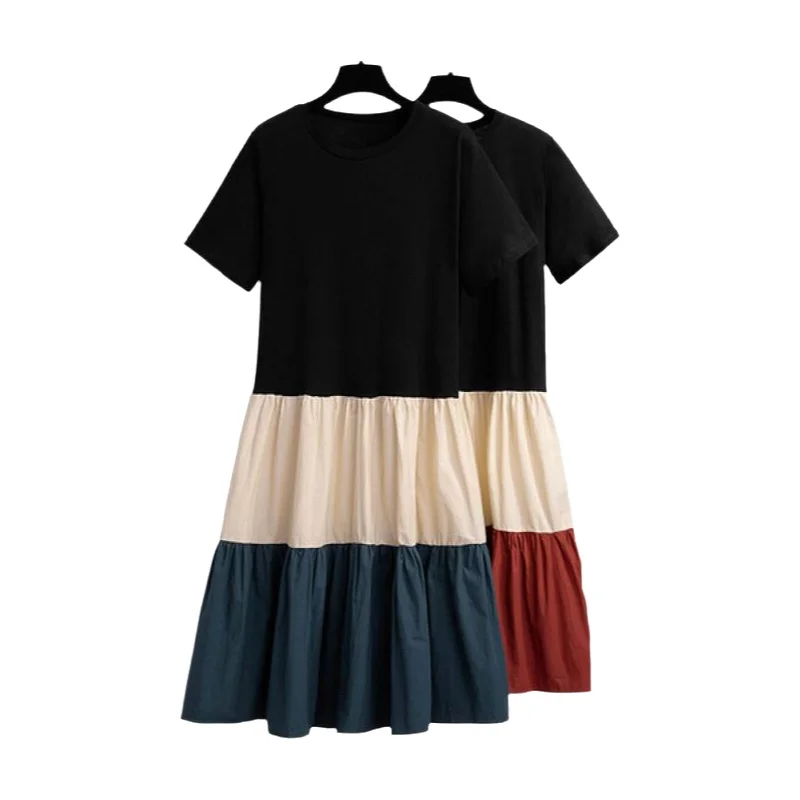 Summer Shirt Dress Color Block Loose Midi Knee-Length Student Fashion Street Style High Waist A-Line Skirt Short Sleeve round...