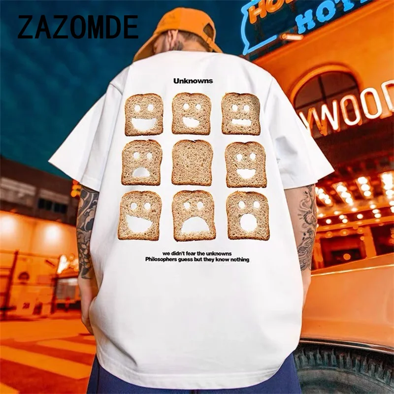 ZAZOMDE Toast Letter Print Man Bawełniane koszulki z okrągłym dekoltem i krótkim rękawem Letnia luźna koszulka codzienna Odzież oversize dla