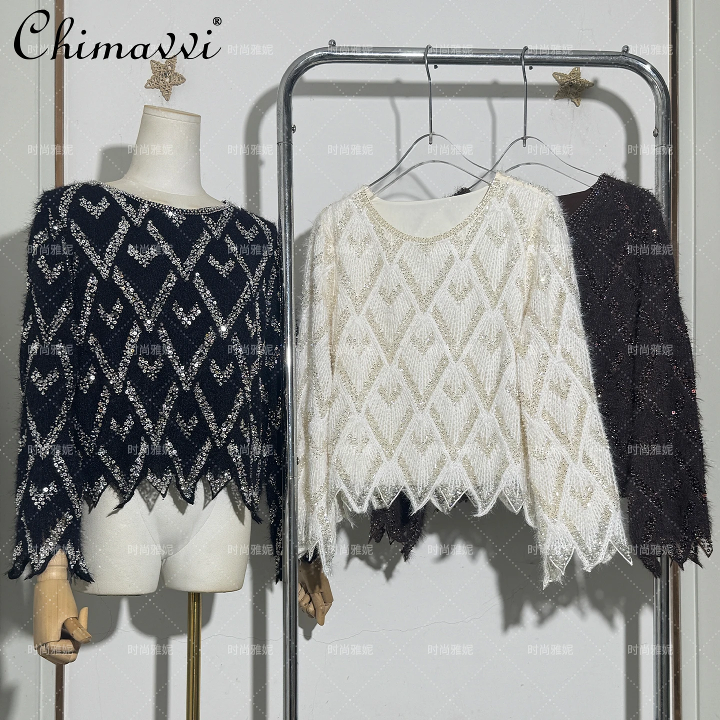 

Fashion Heavy Beading Sequin Elegant Women's Jagged Edge Plush Round Neck Top Spring Autumn New Long Sleeve Elegant Base Shirt