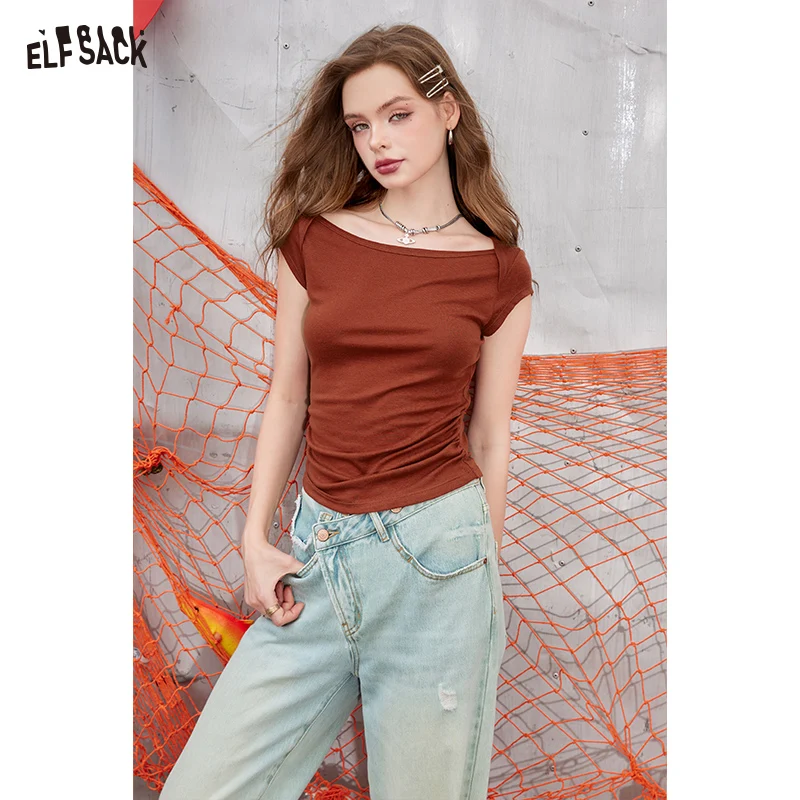 

ELFSACK 2024 Summer New Arrivals Slim fit small fly sleeve t-shirt for women with a minimalist and breathable knitted top design