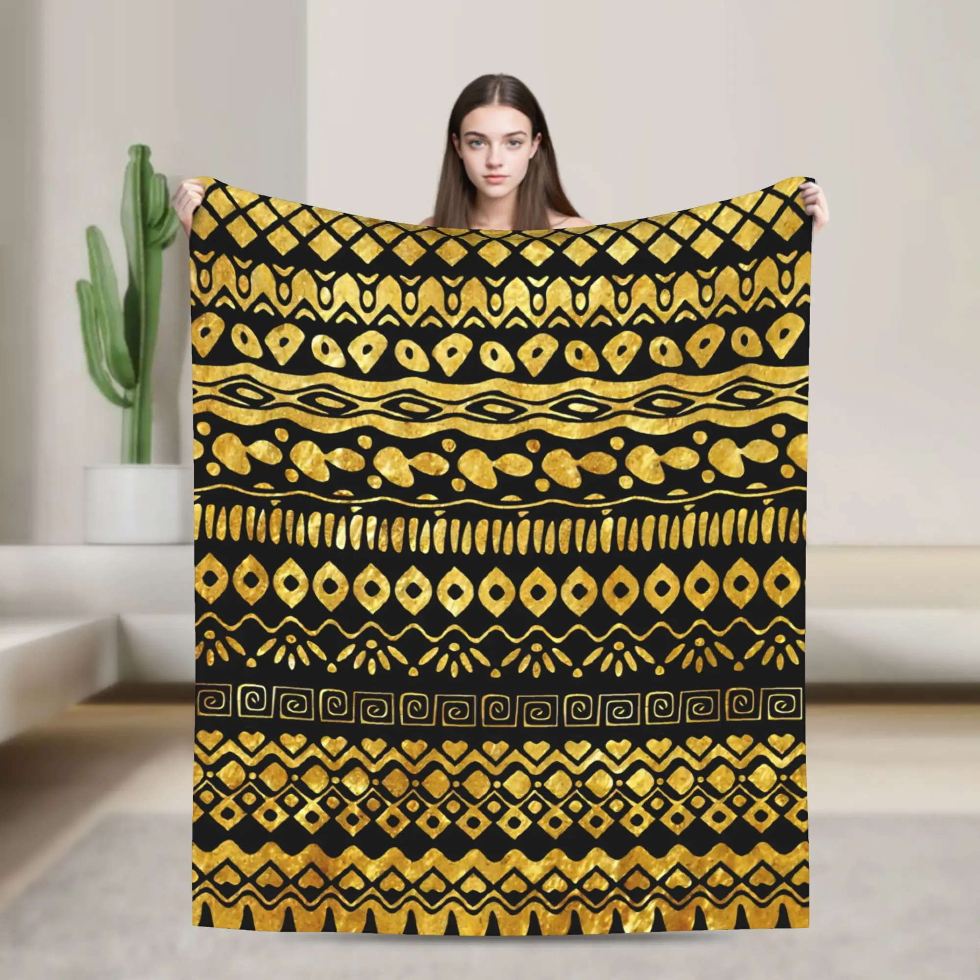 

Tribal Artwork African Art Black And Gold Flannel Throw Blanket Blanket for Sofa Bedroom Warm Bed Rug,